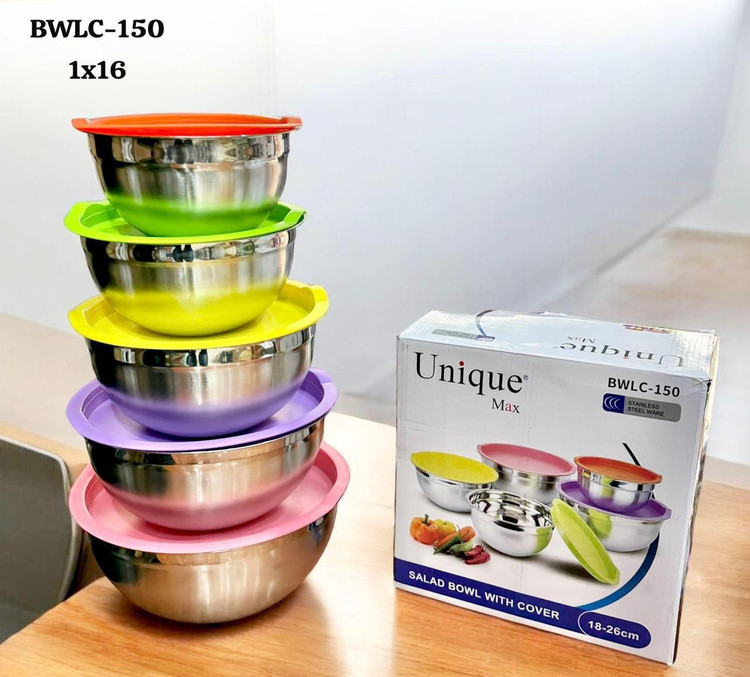 کاسه ۵ تکه بدنه استیل یونیک مدل BWLC-150 با درب پلاستیکی رنگی