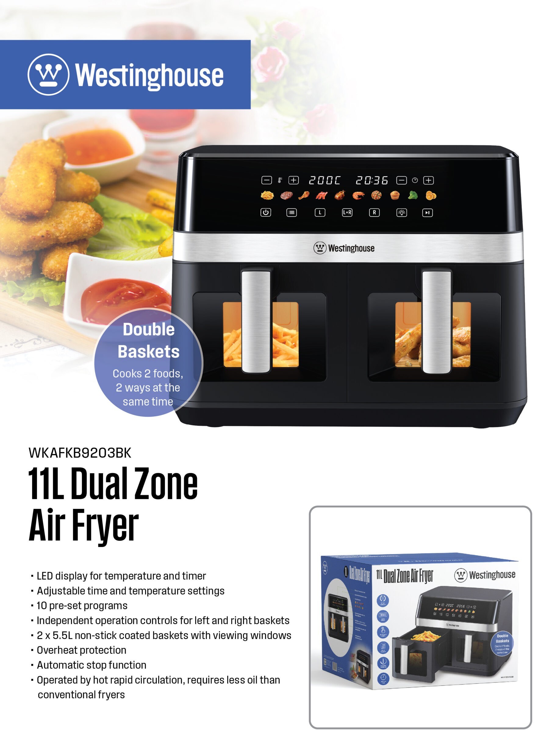 سرخ کن بدون روغن وستینگ هاوس WKAFKB9203BK ظرفیت ۱۱ لیتر
