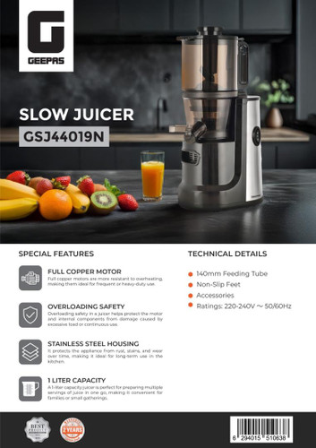 آبمیوه گیری جیپاس مدل GSJ44019 ظرفیت ۲۰۰ وات